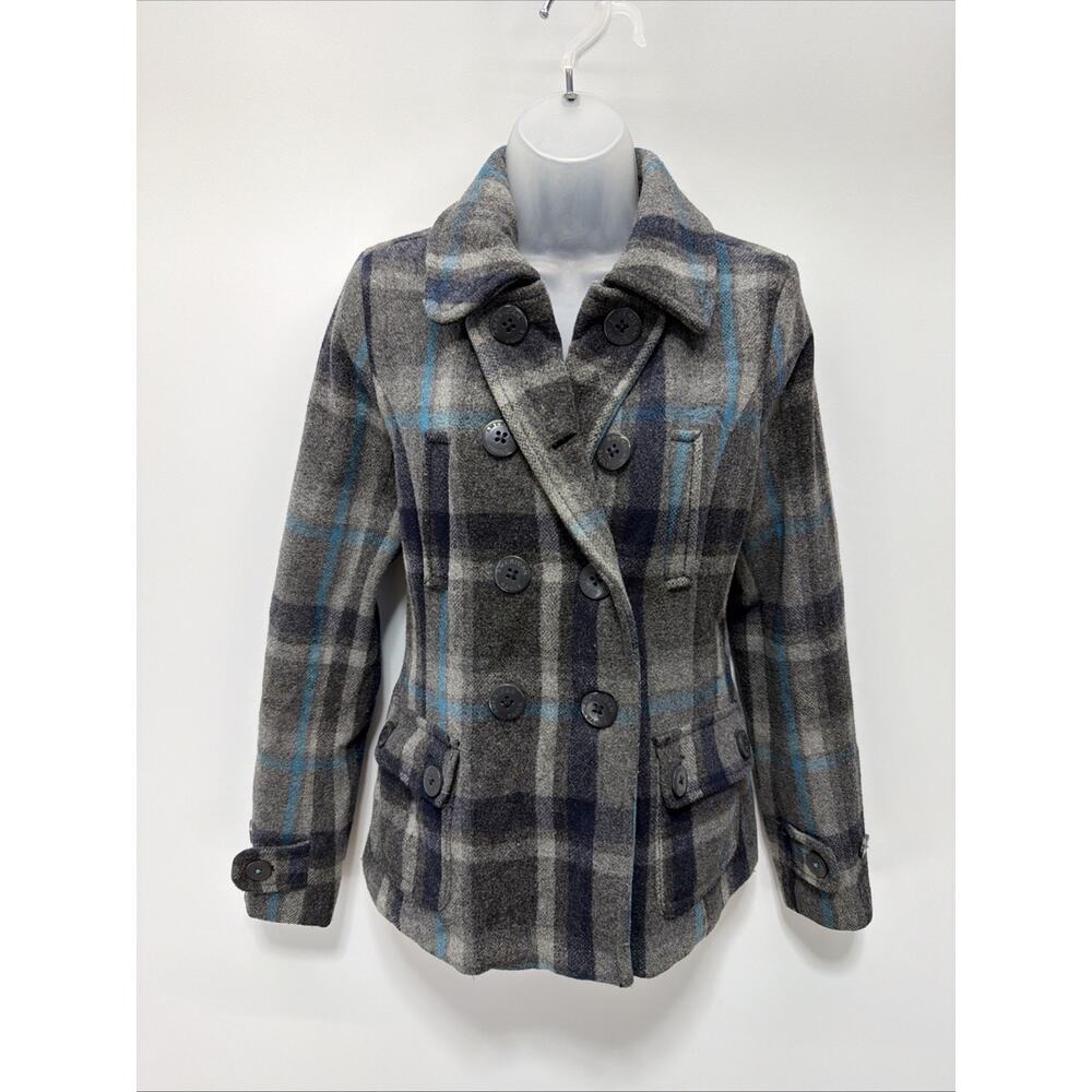 American Eagle Coat Women's small Gray Blue Plaid Wool Blend Pea Jacket